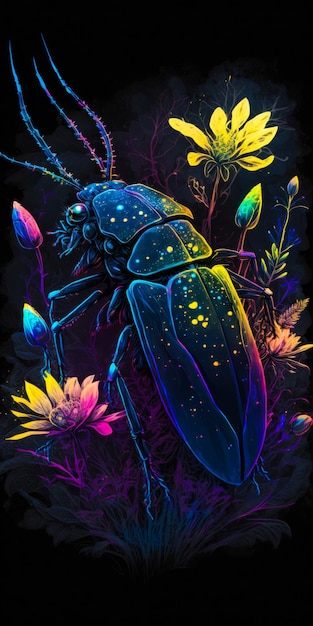 Bug avec des fleurs colorées sur fond noir Generative AI