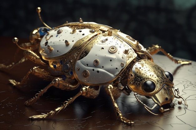 Un bug d'or avec des pièces d'or est assis sur une table.