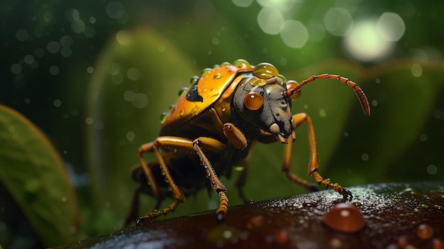 Un bug avec des taches orange et noires se trouve sur une feuille humide.