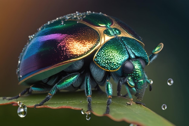 Photo bug vert assis sur une feuille avec des gouttes d'eau dessus macro