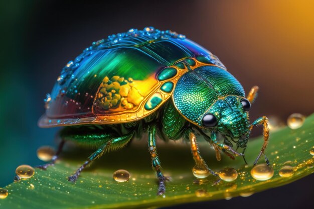 Bug vert assis sur une feuille avec des gouttes d'eau dessus Macro