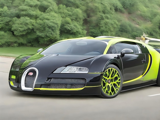 Une Bugatti Veyron verte et noire avec une peinture noire et jaune générée par l'IA