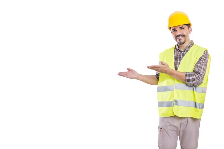 Builder en casque et gilet réfléchissant sur fond blanc