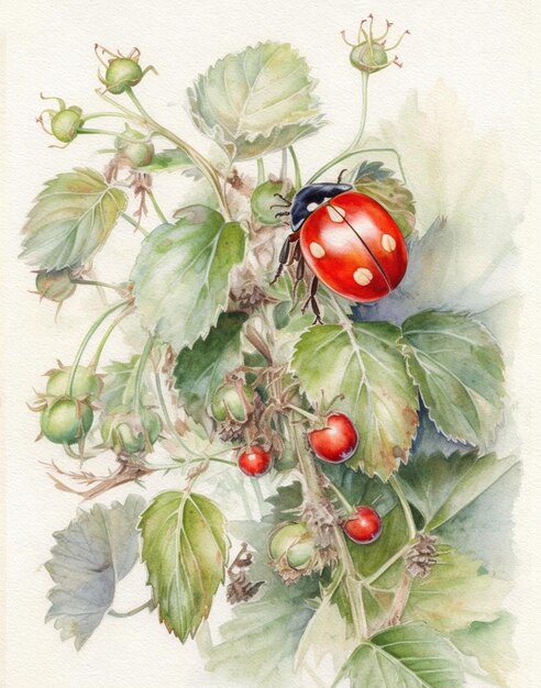 buisson de dessin aquarelle avec des baies et des coléoptères