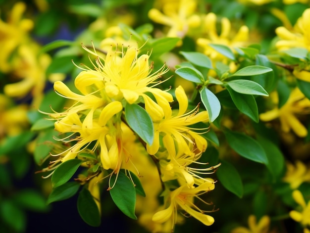 Le buisson à fleurs jaune pousse avec des feuilles vertes.