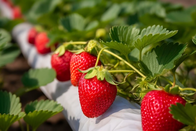 Buisson de fraises biologiques mûres dans le jardin Agrandi de Berry Generative AI