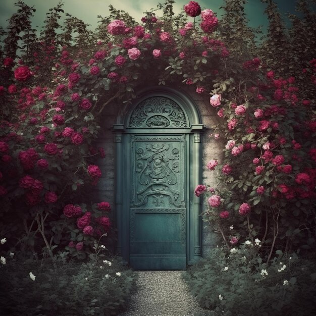 Photo un buisson de roses romantique orne une porte bleue une vieille porte avec des fleurs