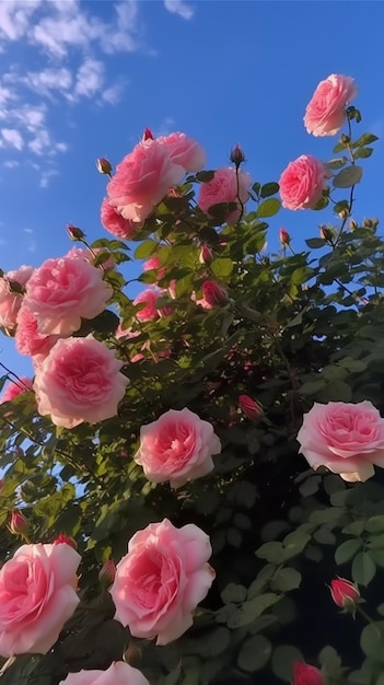 Un buisson de roses roses avec le ciel en arrière-plan.