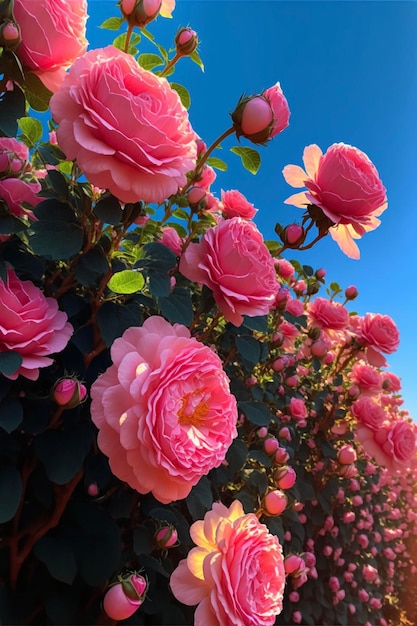 Buisson de roses roses contre un ciel bleu ai générative