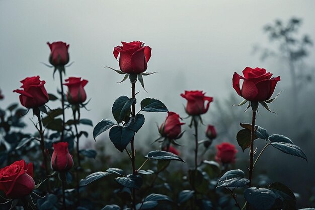 Photo un buisson de roses rouges avec la pluie qui arrive