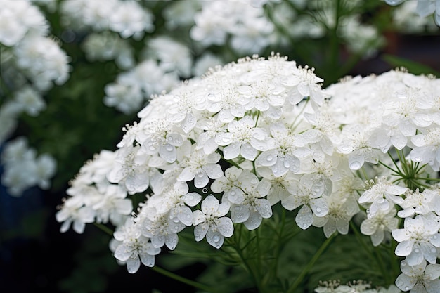 Un buisson de valériane avec des grappes de fleurs blanches se balançant en gros plan dans un jardin