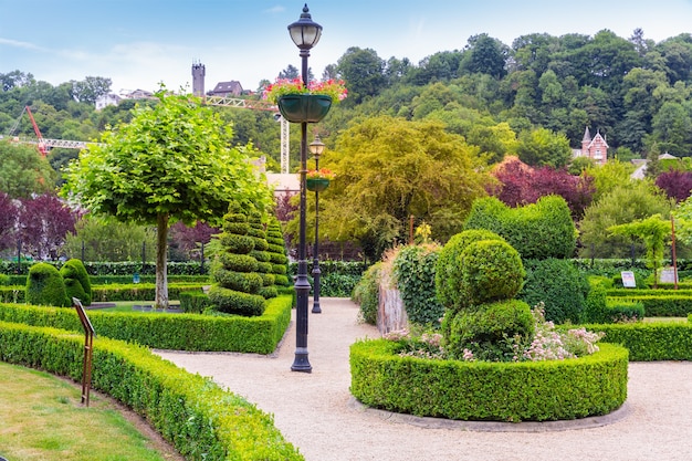 Buissons de différentes formes, parc d'été en Europe. Jardinage professionnel, paysage vert européen, décoration de plantes de jardin