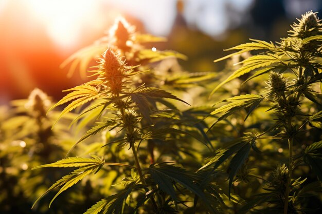 Photo des buissons de marijuana en plein air avec un soleil couchant génératif ai