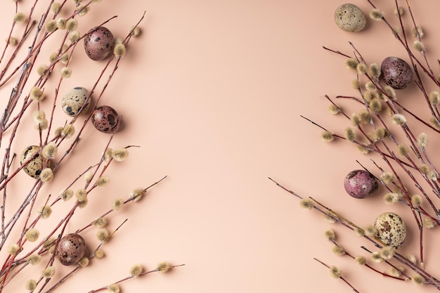 Buissons de saule et oeufs de caille pour Pâques sur un espace de cadre de fond rose pour le texte