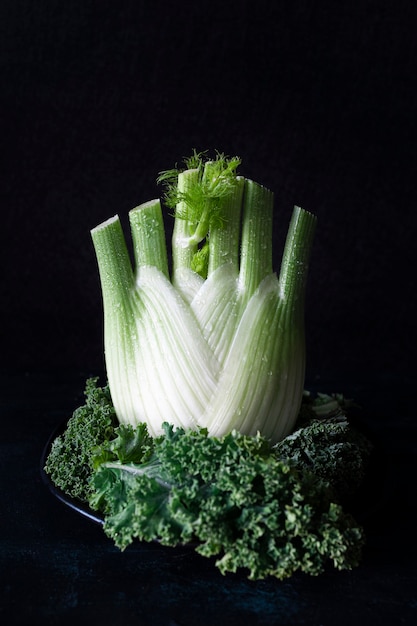 Bulbe de fenouil cru frais avec fond sombre et feuilles de chou frisé