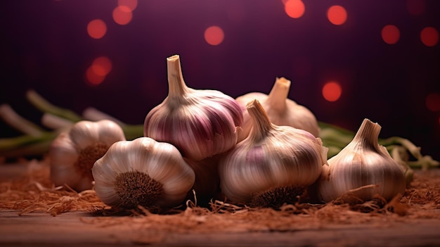 Des bulbes d'ail sur une table en bois avec un fond bokeh