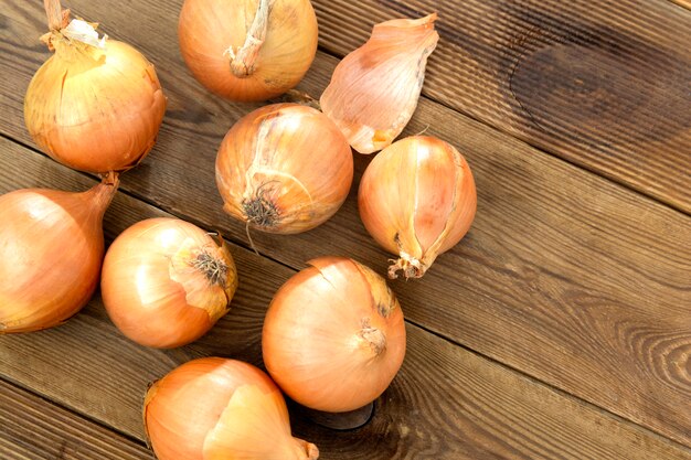 Photo bulbes d'oignon sur une table en bois dans la cuisine