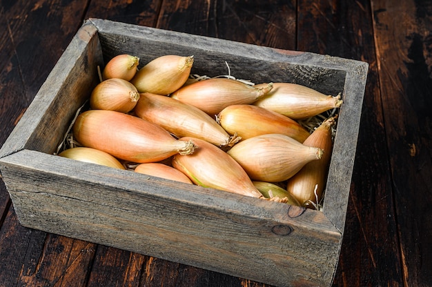 Bulbes d'oignons d'échalote frais crus dans une boîte de marché en bois. Fond en bois foncé. Vue de dessus.