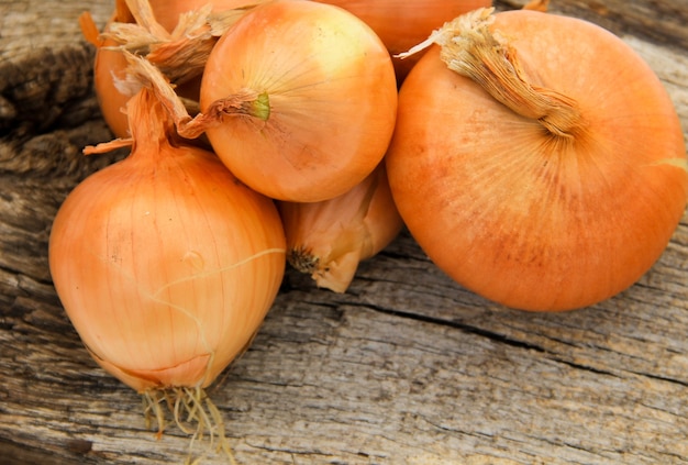 Bulbes d'oignons entiers sur le fond en bois