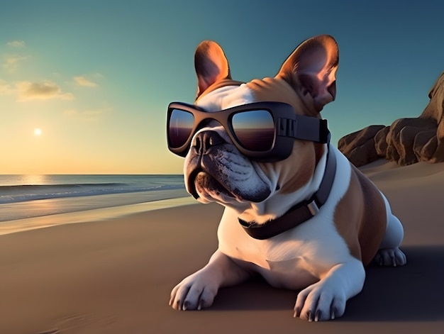 Bull dog avec des lunettes vr relaxantes à la plage Image générée par l'IA