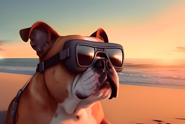 Bull dog avec des lunettes vr relaxantes à la plage Image générée par l'IA