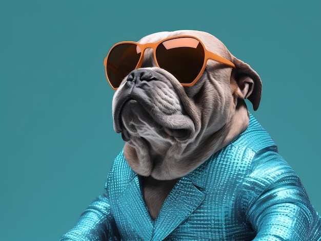 Bull dog avec vinaigrette à la mode portant des lunettes
