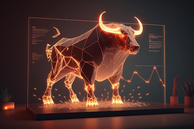 Bull de feu devant l'écran de l'ordinateur Divergence haussière du marché boursier et Crypto Generative Ai