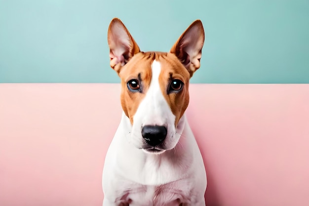 Un bull terrier sur un fond rose clair