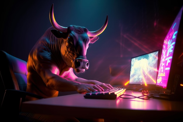 Bull trading avec ordinateur haussier en bourse et monnaie Crypto Generative Ai