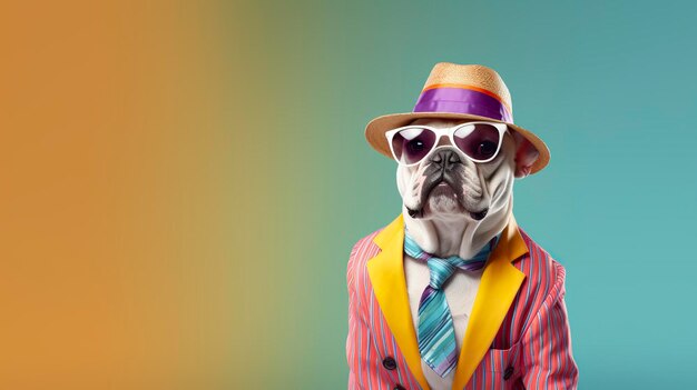 Un bulldog à l'air cool portant une robe de mode funky espace pour le texte à droite