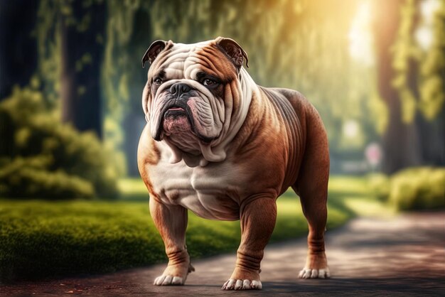 Bulldog anglais brun et hilarant dans le parc