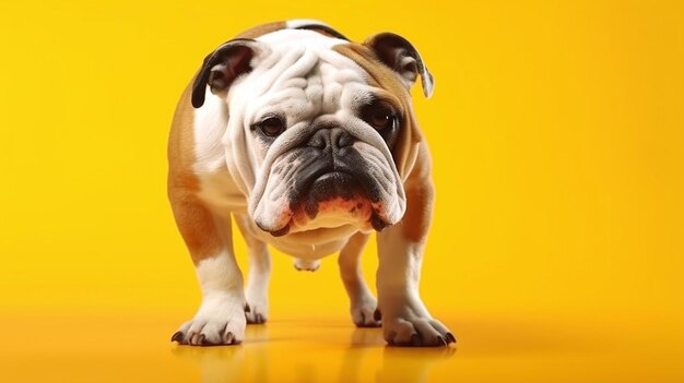 un bulldog assis sur un fond jaune