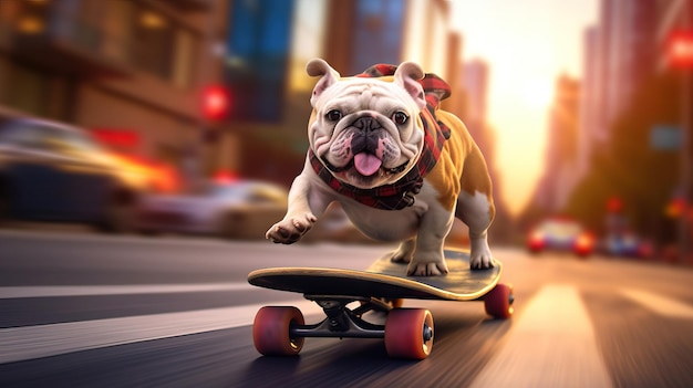 Bulldog cool en skateboard dans la rue de la ville