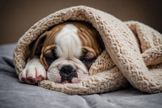 Un bulldog endormi dans une couverture confortable