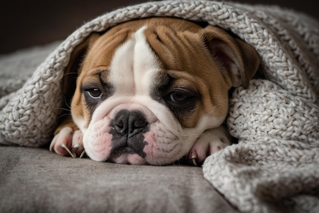 Photo un bulldog endormi dans une couverture confortable