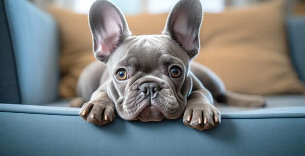 un bulldog français allongé sur un canapé