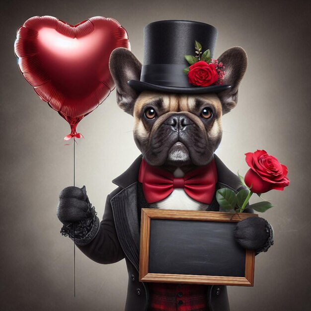 Un bulldog français avec un ballon rouge et un tableau noir blanc.