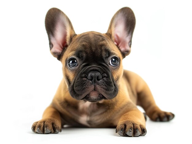 Le bulldog français brun mignon et adorable assis sur un fond blanc vue avant photo prise en studio