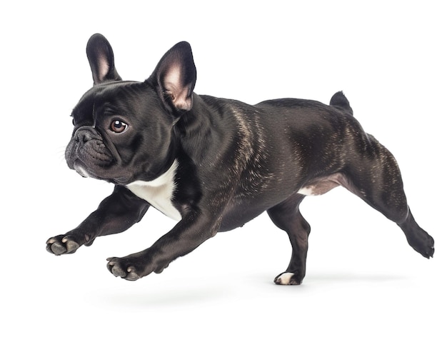 Le bulldog français brun mignon et adorable courant sur un fond blanc vue latérale photo prise en studio