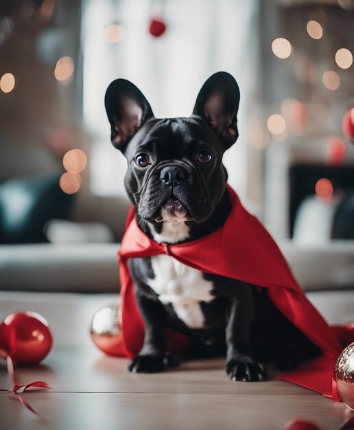 Photo bulldog français dans une cape rouge assis sur le sol avec des décorations de noël