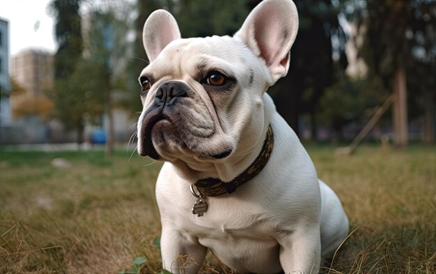 Photo le bulldog français est assis sur l'herbe dans le parc.