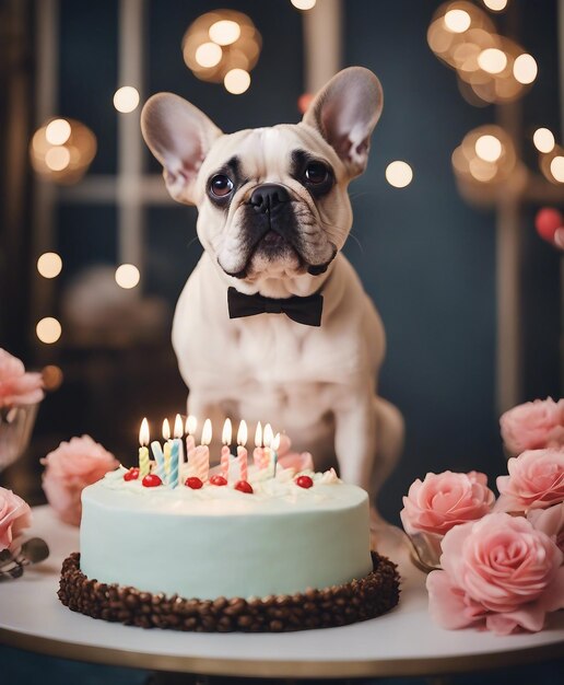 Photo bulldog français avec gâteau d'anniversaire et bougies sur le fond de fleurs