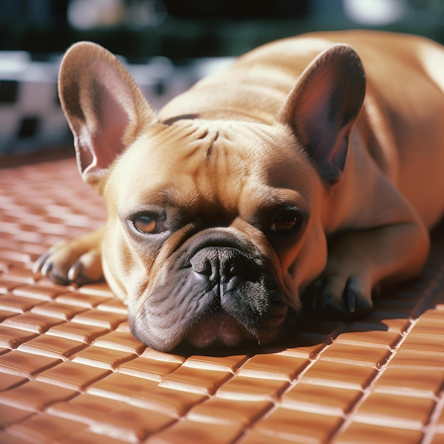 Photo bulldog français généré par l'ia allongé sur le sol