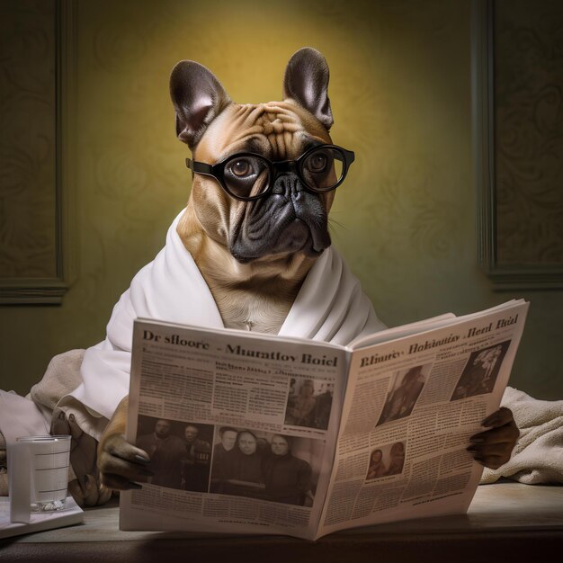 Photo le bulldog français lit le journal.