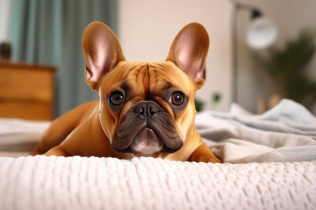 Un bulldog français mignon en gros plan dans une chambre à coucher