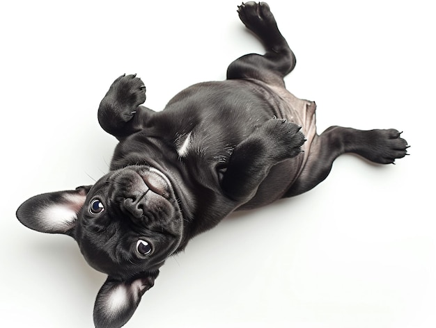 Un bulldog français noir mignon et adorable allongé sur le dos sur un fond blanc