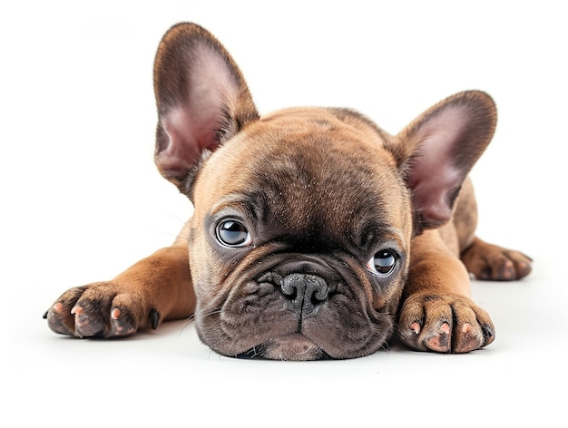 Un bulldog français noir mignon et adorable allongé la tête sur le sol avec un visage triste isolé