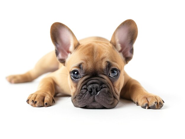 Photo un bulldog français noir mignon et adorable allongé la tête sur le sol avec un visage triste isolé