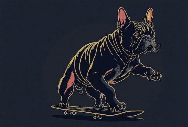 Un bulldog français sur une planche à roulettes sur un fond sombre