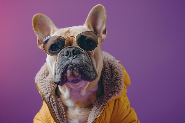 Bulldog français portant des vêtements et des lunettes de soleil sur un fond violet